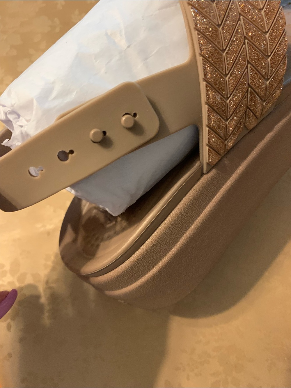 CROCS Brooklyn Wedge Tan Glitter Two-Strap Slide Sandals Size 8 - Picture 8 of 13